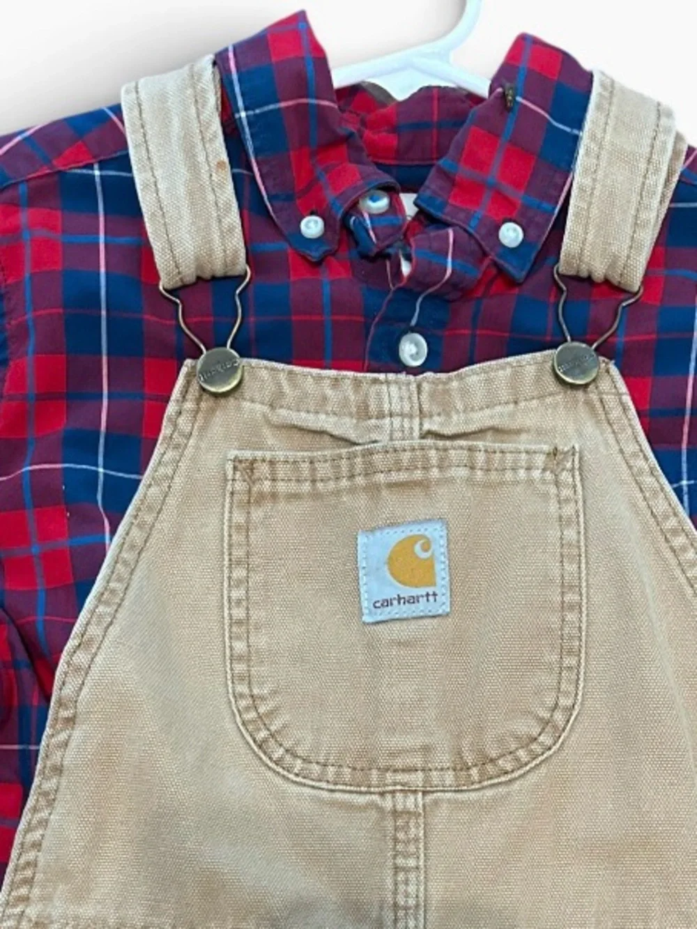 Carhartt Kids Brown Duck Canvas Overalls & Land End Plaid Button Up Red/Blue